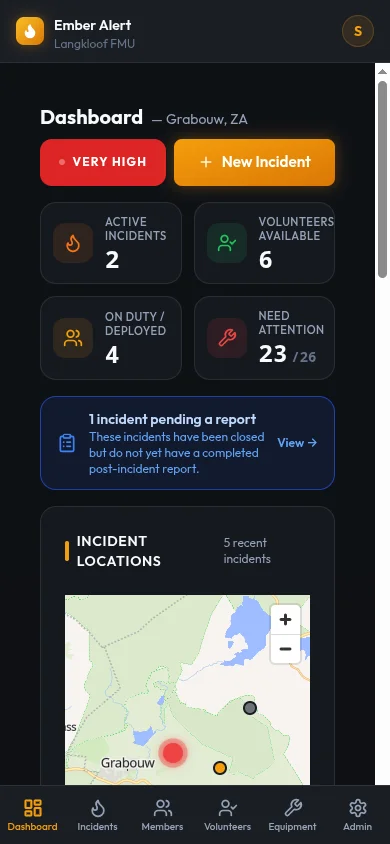 Ember Alert on a phone — dashboard with fire danger and incident map